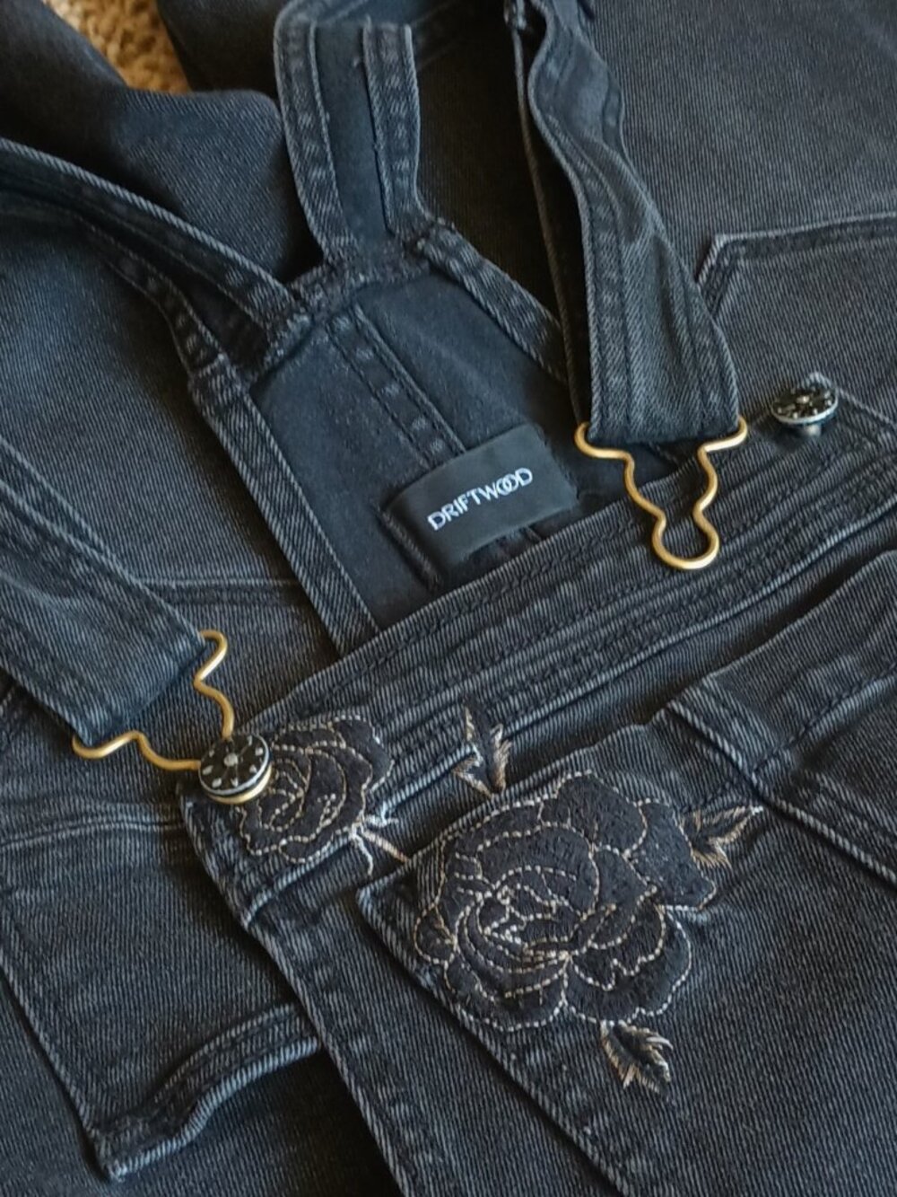 Driftwood Distressed Black Stretch Overalls w/Floral Embroidery, M, black denim